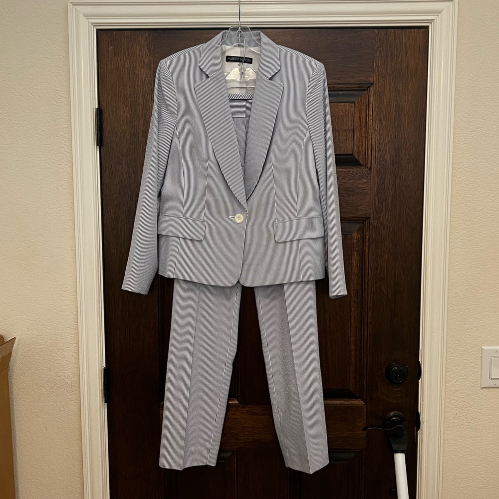 Albert Nipon Pale Blue Pinstripe Blazer with Matching Trousers - Picture 2 of 6